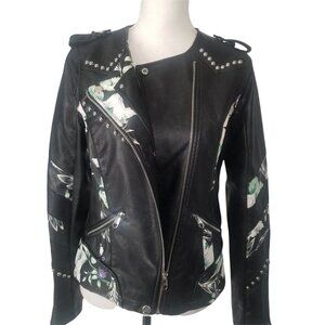 Steve Madden Women's Black Floral Collarless Moto Faux Leather Jacket Si…